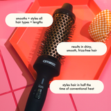 amika blowout babe thermal ionic brush benefits: smooths + styles all hair types + lengths, results in shiny, smooth, frizz-free hair, styles hair in half the time of conventional heat.