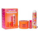 amika soft strand manifestation hair care product set including box, jar, and bottles on a white background. products include: soulfood nourshing mask, superfruit star oil, and perk up dry shampoo