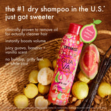 Amika Guava Granita dry shampoo bottle with guava slices and vanilla beans on a wooden background