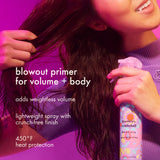 Woman applying hair spray with text about blowout primer for volume and body on a pink background