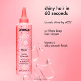 Amika instant shine mask bottle on a pink background with product features text.
