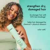 a smiling model holds a bottle of the kure shampoo. Text reads: "strengthen dry, damaged hair. 2x stronger hair with 55% less breakage*. helps hair damaged by chemical + physical stressors. color safe." *clinically proven when shampoo + conditioner are used together as a system. 