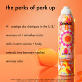 Amika Perk Up dry shampoo bottle with text on an orange background