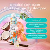 an infographic detailing the benefits of amika x Ellis Brooklyn MIAMI NECTAR perk up dry shampoo. "a troplical scent meets the #1 prestige dry shampoo in the U.S.*" this dry shampoo: removes oil, adds instant volume + body, cleans + refreshes scalp + roots, has notes of pink pineapple + coconut water. *Source: Circana, LLC, US Prestige Beauty Total Measured Market, Hair Dry Shampoo/Dry Conditioner by Product, Dollar & Unit Sales, January – December 2024