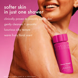 person smiling while applying body wash to shoulder. shower thoughts softens skin in just one shower. 
