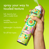 Hand holding a colorful hair spray bottle with text on a green background