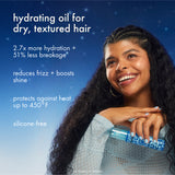 Woman with long, textured hair holding a bottle of hydrating oil against a blue background with text about the product's benefits.