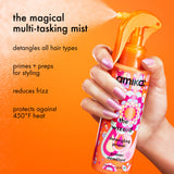 image of the wizard. text reads: "the magical multi-tasking mist. wizard detangles all hair types, primes and preps for heat styling, reduces frizz, and protects again 450-degree Fahrenheit heat.".