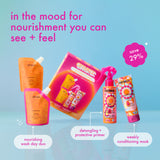 Amika hair care products with promotional text on a blue background