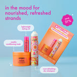 Amika hair care products with packaging on a blue background