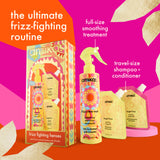 Amika Frizz Fighting Heroes set featuring a full-size smoothing treatment spray, travel-size shampoo and conditioner pouches, and the retail box, arranged on a bright orange and pink graphic background with text callouts.
