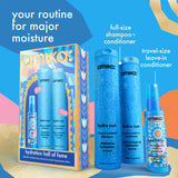Amika 'Hydration Hall of Fame' haircare set featuring a full-size shampoo and conditioner bottle, a travel-size leave-in conditioner spray, and its decorative packaging box, set against a colorful abstract background with text overlays.