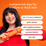 model holds amika normcore shampoo. text: "nutrient-rich duo for medium to thick hair. hair is 7x more conditioned*, gently cleanses, adds weightless hydration, promotes elasticity, color safe. *clinically proven when shampoo + conditioner are used as a system. 