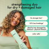 the kure strength repair shampoo + conditioner are a strengthening duo ideal for hair damaged by chemical + physical stressors. this duo helps hair feel 2x stronger*, experience 55% less breakage*, and is color safe*. *clinically proven when shampoo + conditioner are used as a system. 