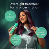 Woman with purple hair holding a bottle of hair product with text about overnight treatment benefits.