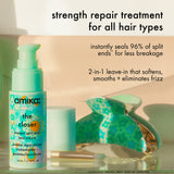a bottle of amika the closer sits on a counter with a green hair clip against a tan background. Text reads: "strength repair treatment for all hair types. instantly seals 96% of split ends* for less breakage. 2-in-1 leave-in that softens, smooths + eliminates frizz. *clinically proven when used as directed."