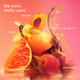 amika fragrance infographic: text: "the iconic amika scent". image of ingredients: apricot, lily of the valley, sandalwood, pink grapefruit and vanilla