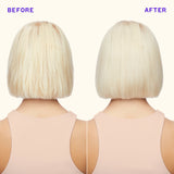 Before and after comparison of a person with blonde bob haircut on a white background