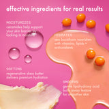 Cosmetic product with ingredients on a pink background, highlighting moisturizing, hydrating, softening, and smoothing properties.