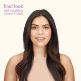 Woman with long, straight hair on a white background with text about hair styling.