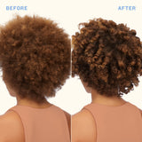 Before and after comparison of a person's hair with curly hair on a white background.