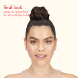 Woman with styled hair in a bun on a beige background with text about a hair spray product.