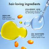 Illustration of hair care ingredients with text on a blue background