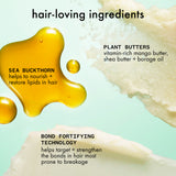 an infographic detailing the 'hair-loving ingredients' in the kure multi-task. smears of textures against a light green background