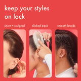 Three hairstyles with text 'keep your styles on lock' on a red background