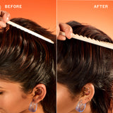 Before and after comparison of hair styling with a comb on an orange background