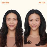 Before and after comparison of a woman with long dark hair on a plain background