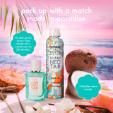 an image of amika x Ellis Brooklyn MIAMI NECTAR perk up dry shampoo and Ellis Brooklyn MIAMI NECTAR perfume bottles in a tropical setting. "perk up with a match made in paradise". 2 Brooklyn-born brands. he perk up you know + love infused with a tropical scent by Ellis Brooklyn. 