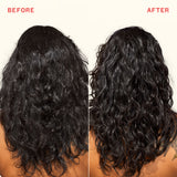 Before and after comparison of curly hair with a clear background