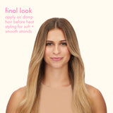 Woman with long, styled hair on a beige background with text about hair care.