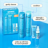 amika hydration happy hour set gentlycleanses with hydro rush shampoo, conditions with hydro rush conditioner, wake up with hair 3x more hydrated* with dream routine overnight hydration treatment and detangle and reduce frizz with hydro rush leave-in conditioner. *clinically proven, when using dream routine overnight hydration treatment as directed