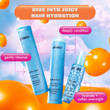 text header: "dive into juicy hair hydration" image of amika hydro rush moisture shampoo w/ text bubble "gently cleanse", hydro rush moisture conditioner w/ text bubble "deeply condition", and dream routine overnight treatment w/ text bubble "hydrate +soften overnight"