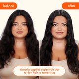 before + after image: model shown with hair styled before and after using amika superfruit star styling oil. Text reads: "Victoria applied superfruit star to dry hair to tame frizz."