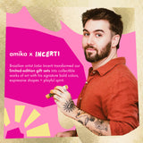 A promotional graphic featuring a man with a beard and tattoos wearing a rust-orange shirt, holding a small yellow object, set against a bright pink and gold abstract background with text reading 'amika x INCERTI' and a description about Brazilian artist João Incerti.