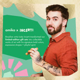A promotional graphic featuring a man with tattoos and a beard wearing a rust-red shirt, holding a small orange object, set against a stylized green and beige background with text reading 'amika x INCERTI' and a description about Brazilian artist João Incerti.
