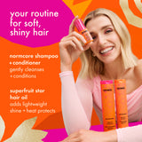A smiling blonde woman holds a small orange hair product bottle in front of her face while two larger orange Normcore haircare bottles sit on a bright pink and orange graphic background with promotional text.