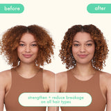 a before and after image of a copper-haired model facing forward. the model used products from the kure collection. the kure collection helps strengthen and reduce breakage on all hair types. 