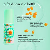 amika the closer bottle against a light green background with sea buckthorn berries floating in clear liquid. Text reads: "a fresh trim in a bottle. vegan proteins: provides keratin-lik benefits. sea buckthorn helps to nourish +restore lipids in hair. bond fortifying technology helps target + strengthen the bonds in hair most prone to breakage."
