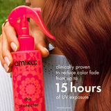 woman with vibrant hair holds the protector treatment. text reads: "clinically proven to reduce color fade from up to 15 hours of UV exposure." Asterisk and "clinically proven" at bottom.