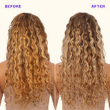 Before and after comparison of wavy hair extensions on a person with a plain background.