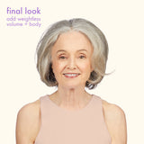 Woman with gray hair on a white background with text 'final look add weightless volume + body'.