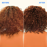 Before and after comparison of curly hair with a person wearing an orange top.