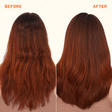 before and after image: hair on the left is before using amika normcore shampoo + conditioner, hair on the right is after. normcore nourishes + soften smedium to thick hair. 