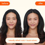 Before and after comparison of hair volume enhancement with text 'instantly refresh roots + boost volume'.