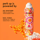 Amika dry shampoo bottle with ingredients on an orange background