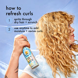 Person with curly hair holding a hair product with text on how to refresh curls.